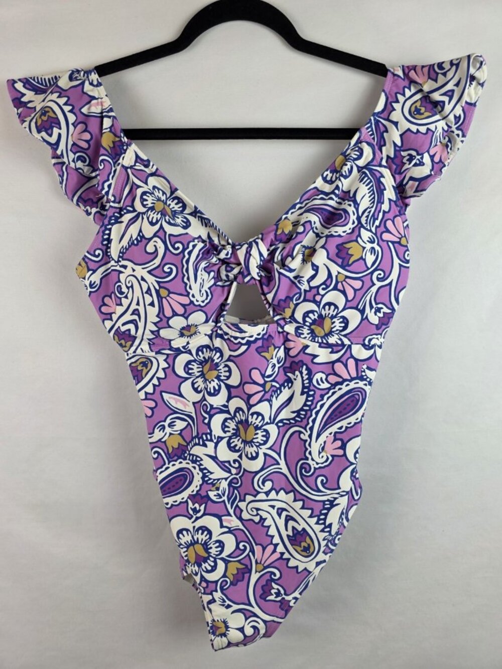 Loft Beach Women's One Piece Swimsuit Size Large Purple White Floral Ruffle Swim